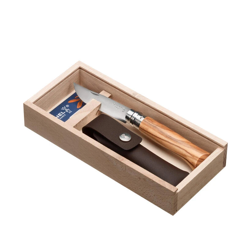 Coffret Couteau Opinel Randonnée Numéro 8 En Bois D'olivier, Avec Son étui Cuir – Image 3